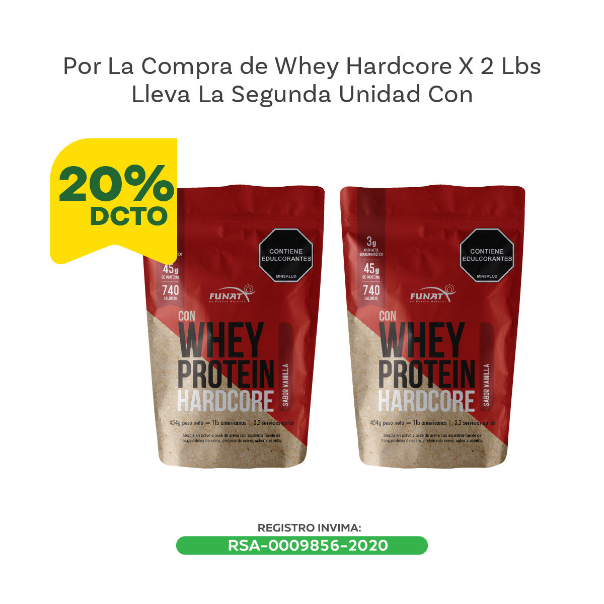 Whey Protein Hardcore x 2 lb Funat lleva la segunda unidad con un 20% OFF