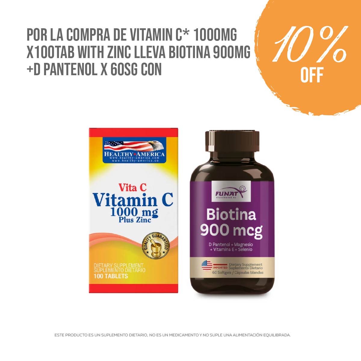 Compra Vitamin C 1000 mg x 100 tabletas con Zinc y lleva Biotina 900 mcg + D-Pantenol x 60 softgels con 10% OFF