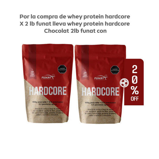 Por la compra de Whey Protein Hardcore x 2 lb Funat, lleva Whey Protein Hardcore Chocolate x 2 lb Funat con un 20% de descuento