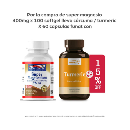Por la compra de Super Magnesio 400 mg x 100 softgels, lleva Cúrcuma / Turmeric x 60 cápsulas Funat con un 15% de descuento
