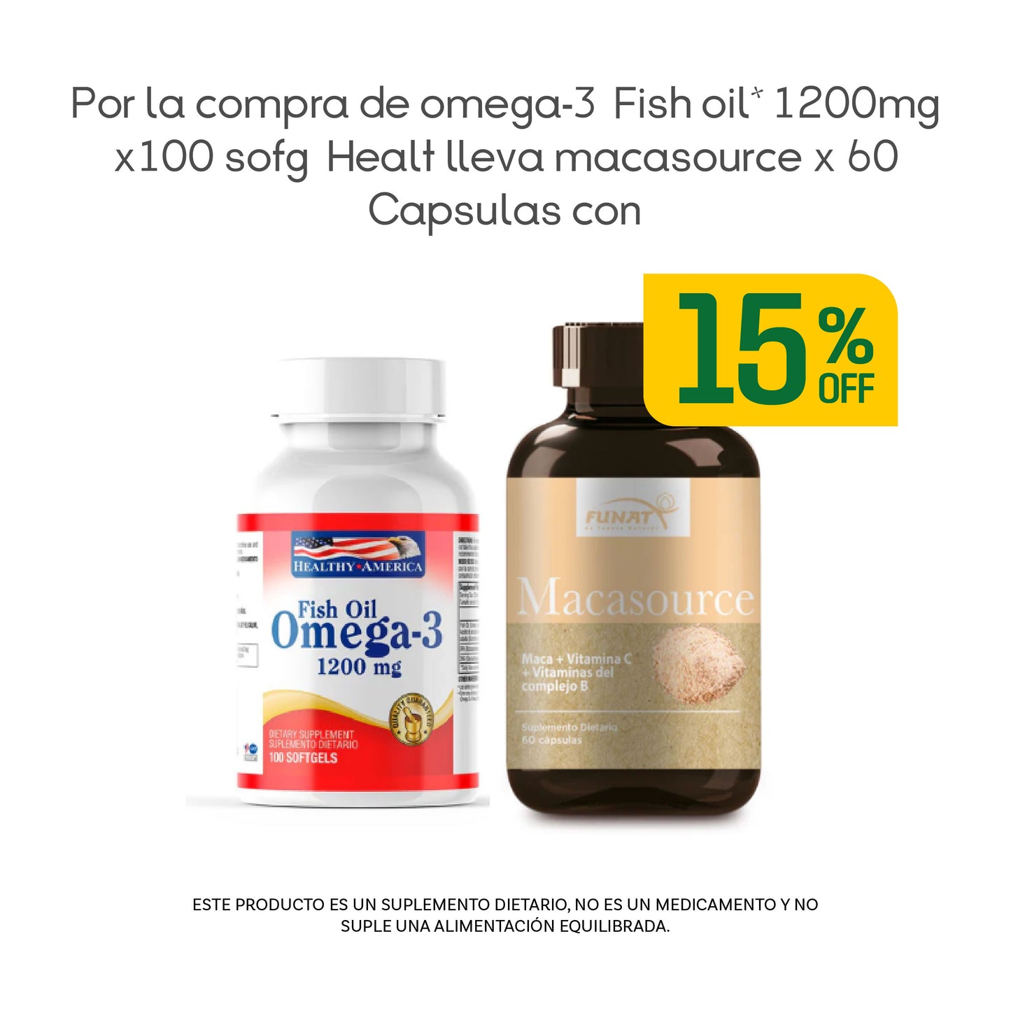 Por la compra de Omega-3 Fish Oil 1200mg x 100 Softgel Health lleva Macasource x 60 Cápsulas con 15% Off.