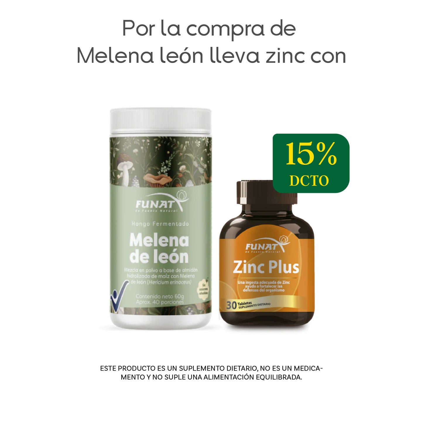 Compra  Melena Leon Hongo Polvo X 60g Lleva Zinc Funat X 30 Tabletas Con Un 15% OFF