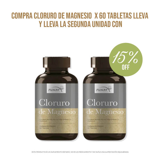 Por la compra de Cloruro de Magnesio x 60 tabletas, lleva Cloruro de Magnesio x 60 tabletas con un 15% de descuento